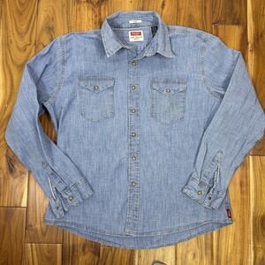 Wrangler Denim Shirt Mens XL Blue Pearl Snap Western Cowboy Rodeo Distressed